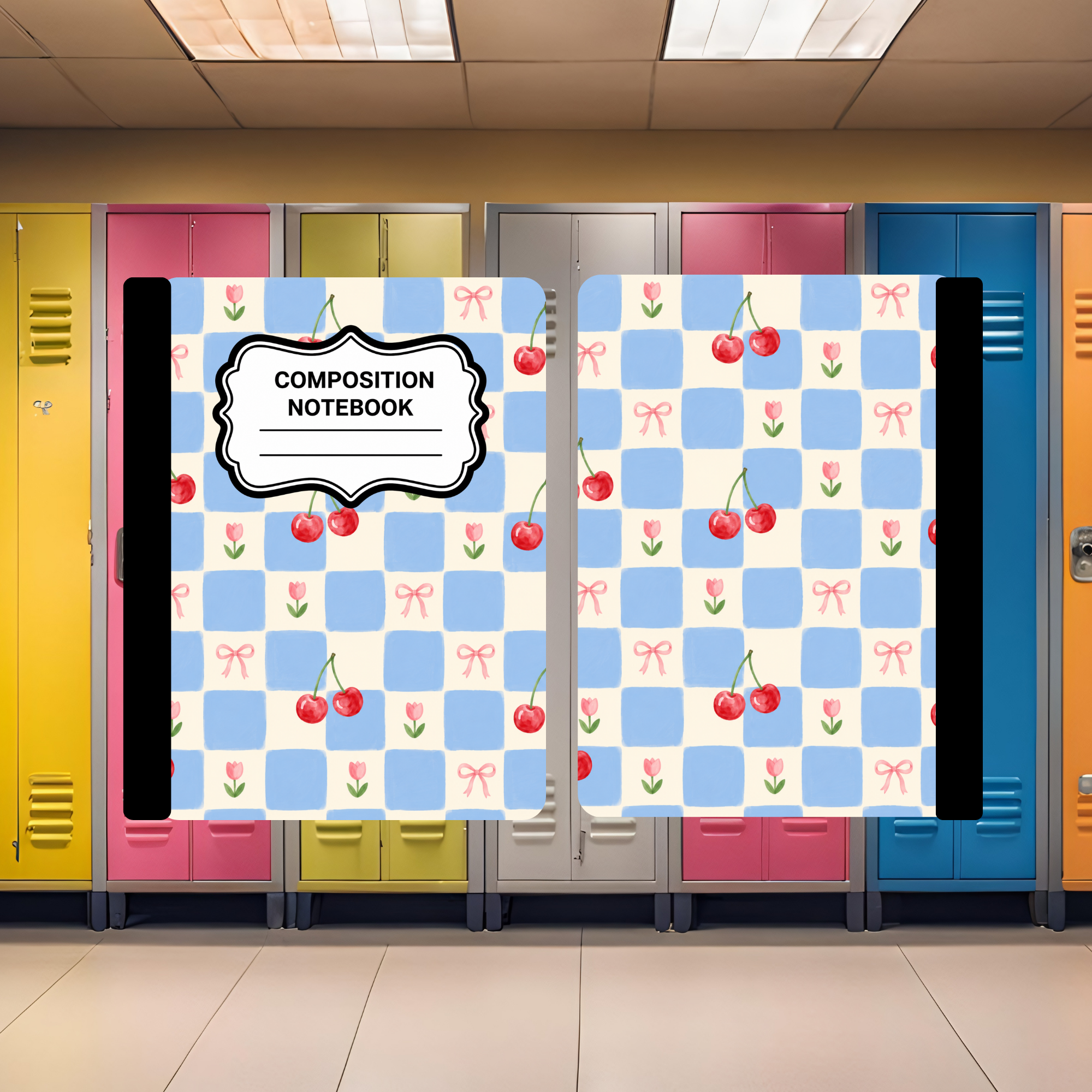 Blue & White Squares Cherries Composition Book
