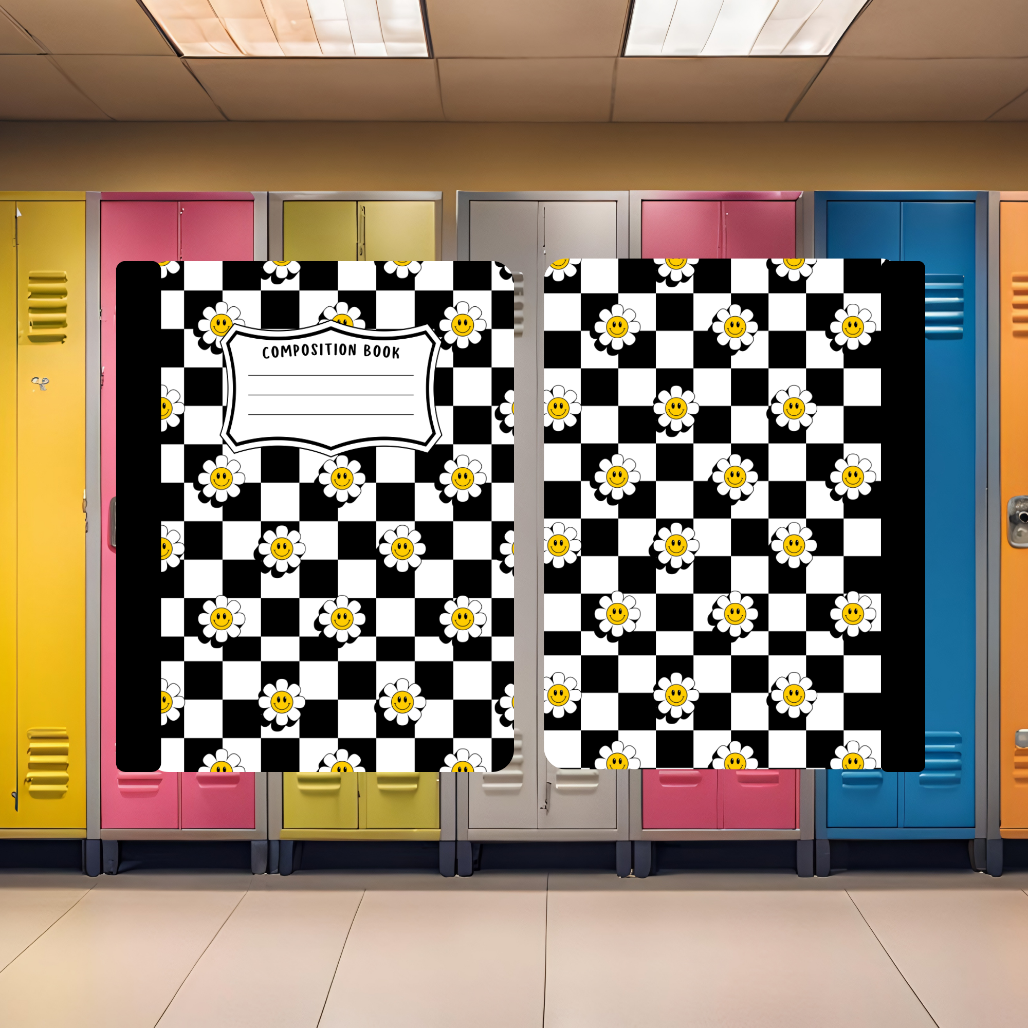Black and White Checkered With Daisies Composition Book