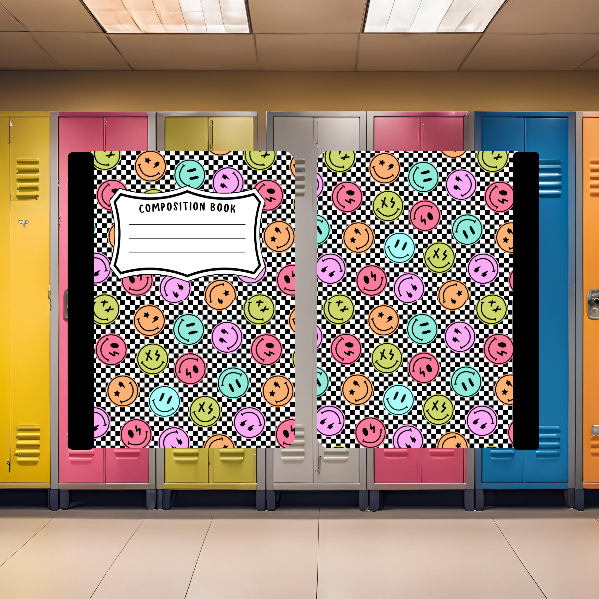 Rainbow Smileys on Checkered Composition Book