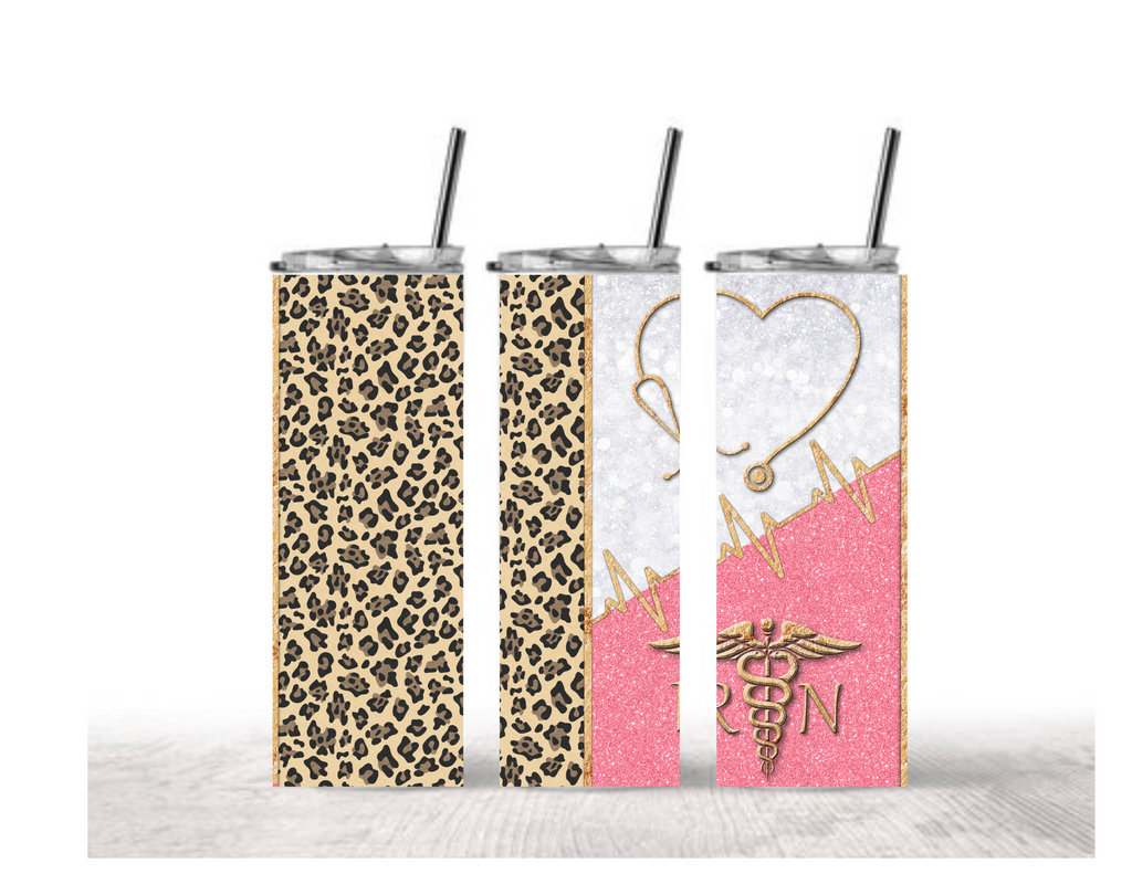 RN Leopard Print Pink Glitter Tumbler