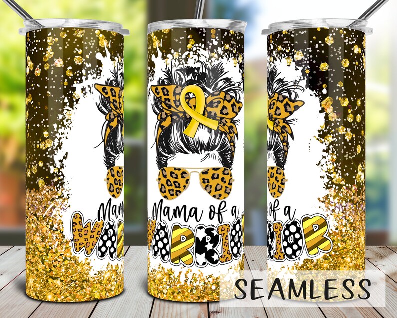 Mama of a Warrior Tumbler - Childhood Cancer Awareness Gold Ribbon
