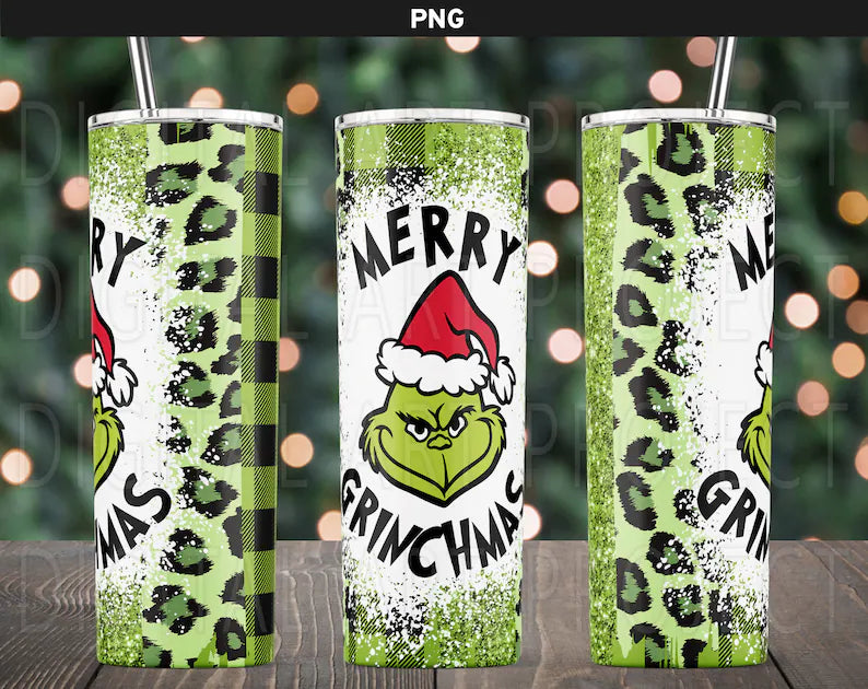 Merry Grinchmas Tumbler - Leopard Print Glitter Design