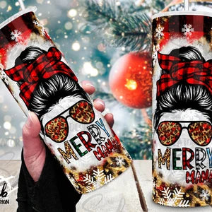 Merry Mama Christmas Tumbler - Buffalo Plaid Messy Bun Design