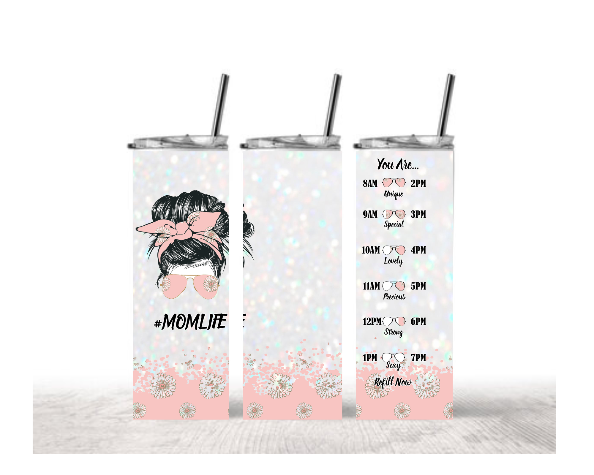 Mom Life Tumbler - Hourly Schedule Messy Bun Design