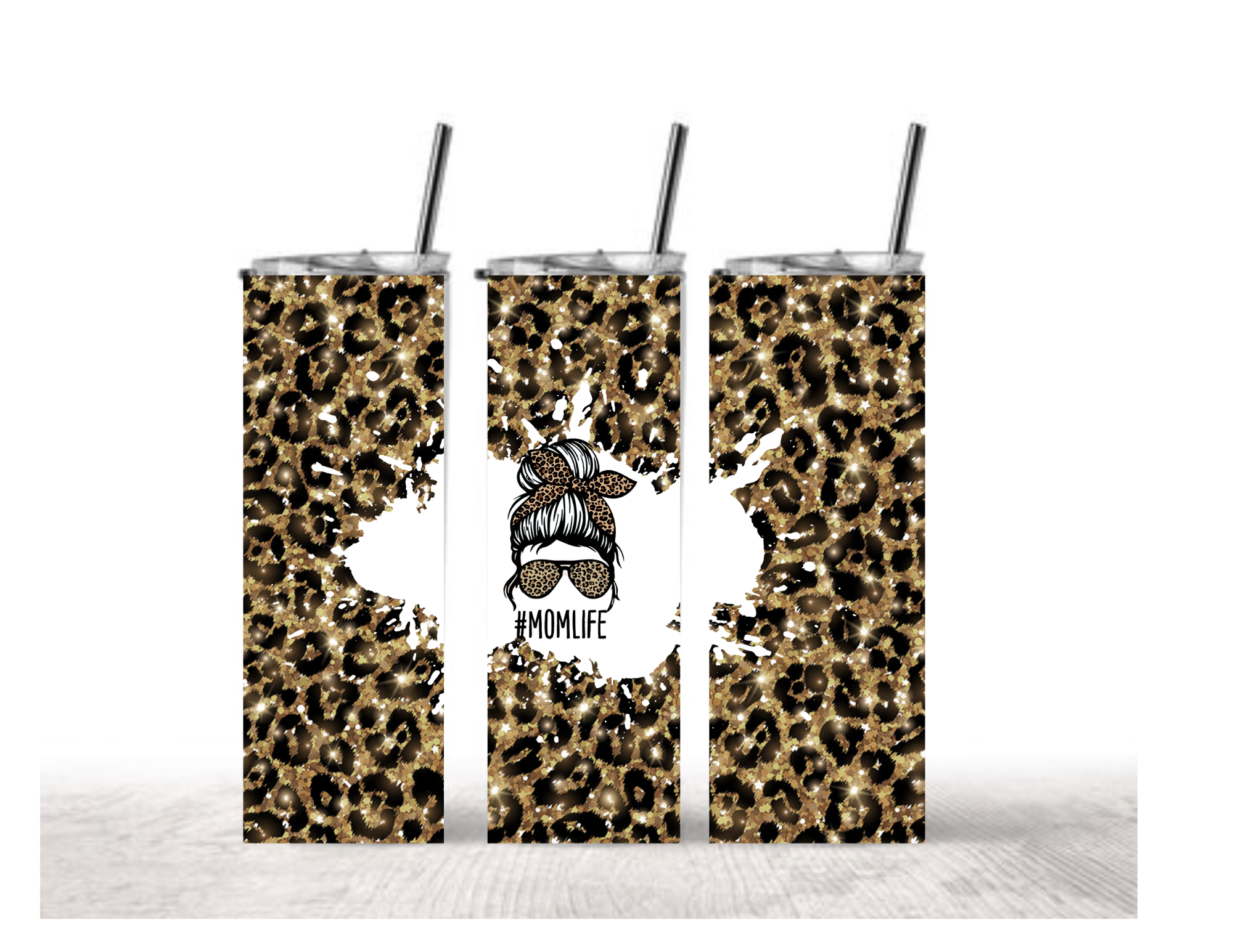 Mom Life Leopard Print Tumbler - Gold Glitter Messy Bun Design