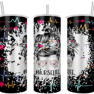 Nurse Life Tumbler - Messy Bun Heartbeat Design