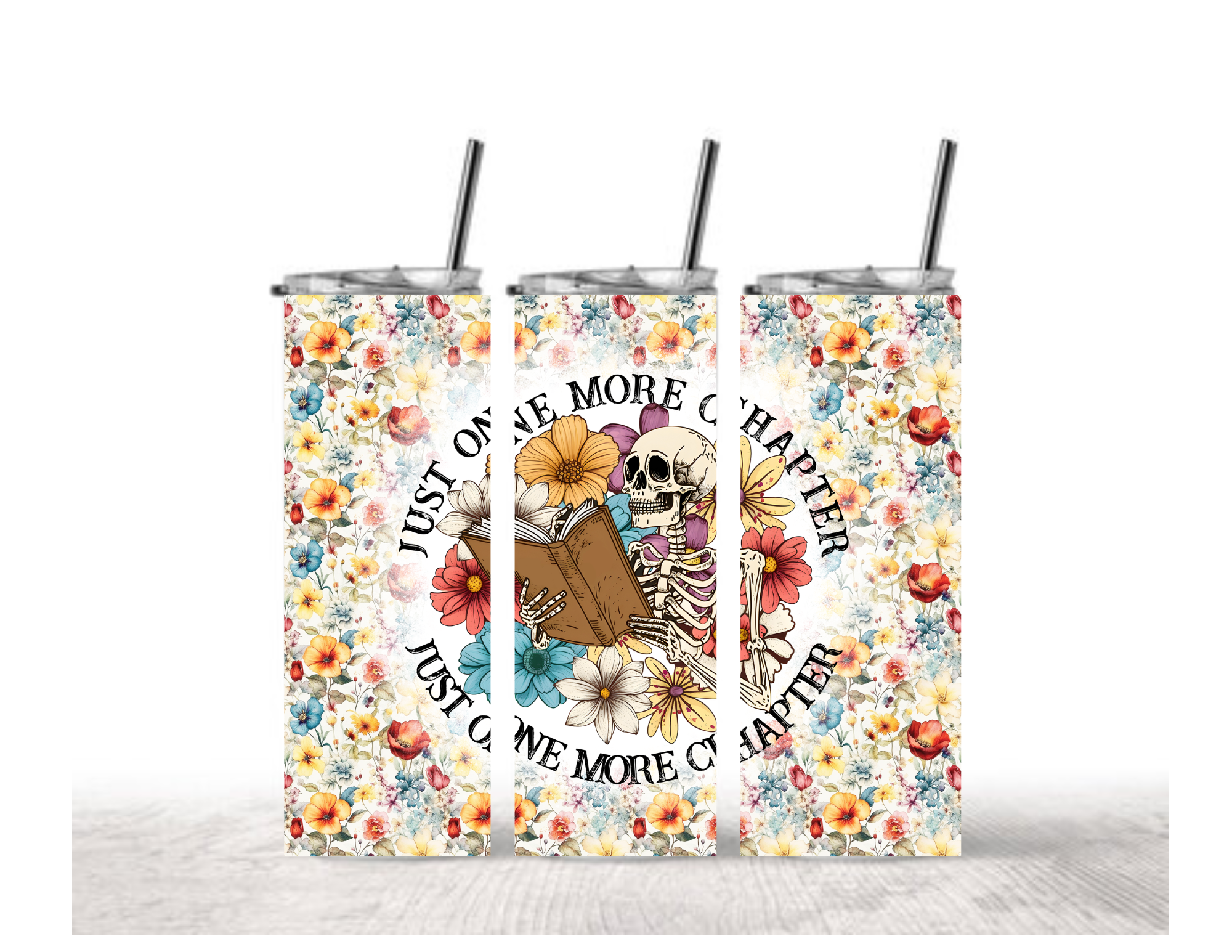 Just One More Chapter Tumbler - Book Lover Skeleton Design