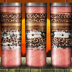 Pink Western Leopard Tumbler - Glitter & Cowhide Design