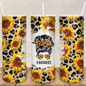 Mom Life Sunflower Tumbler - 20oz Straight Tumbler with Leopard Print
